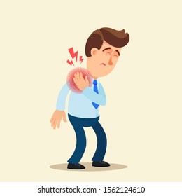 Shoulder Pain. Inflammation Of The Nerve, Muscle Sprain At Work. The Office Worker Put Hand On Shoulder And Winced In Pain. Vector Illustration Flat Design Cartoon Style. Isolated Background.