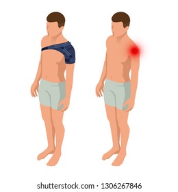 Shoulder pain or sprains of the shoulder joint. Anatomical body of a man. Rehabilitation after trauma. Orthopedics and medicine. Isometric Vector illustration