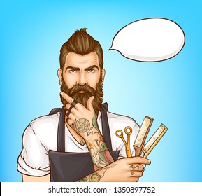 Shoulder portrait of bearded hipster man wearing apron, holding scissors and combs in tattooed hands, modern male barbershop professional hairdresser pop art vector with blank white talk, think cloud