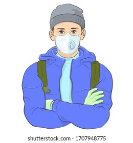Shoulder portrait of a young man in a wind jacket, wearing backpack, warm hat, medical gloves and respirator mask.