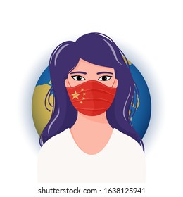 Shoulder portrait of young worried asian woman in medical mask with flag of the Peoples Republic of China over the globe, vector illustration on white background, coronavirus pandemic concept