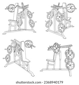 Shoulder press machine. Fitness, cardio, and muscle building machines, equipments set at gym. Workout and training concept. Vector illustration.