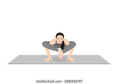 Shoulder Press Pose. Beautiful girl practice Bhujapidasana. Young attractive woman practicing yoga exercise. working out, black wearing sportswear, grey pants and top, indoor full length, calmness.