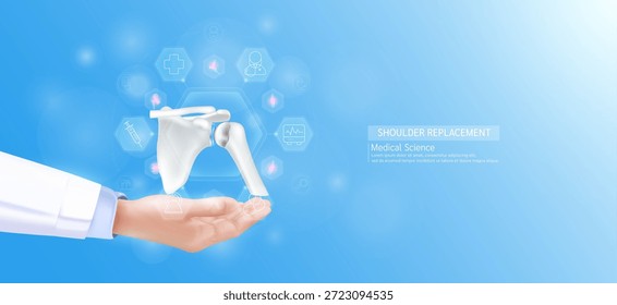Modelo de substituição do ombro na mão do médico. Articulação óssea cercada por ícones médicos. Tecnologias em ciência e saúde. Vetor 3D realista.