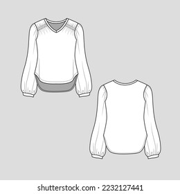 Shoulder Ruched gathering top V Neck Gathering Long Sleeve high low dip hem fashion flat sketch drawing template vector