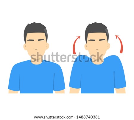 Shoulder shrug exercise. Stretch to relieve neck pain. Idea healthy and active lifestyle. Easy office workout. Isolated vector illustration in cartoon style
