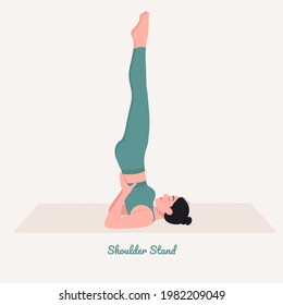 Houlder Stand Yoga pose. Joven practicando yoga. Las mujeres entrenan en gimnasia, aeróbic y ejercicios. Ilustración vectorial.