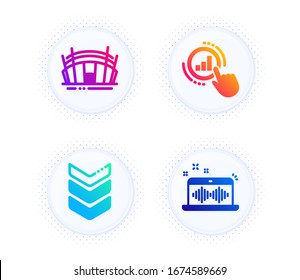Shoulder strap, Arena stadium and Graph chart icons simple set. Button with halftone dots. Music making sign. Army rank, Sport complex, Get report. Dj app. Business set. Vector