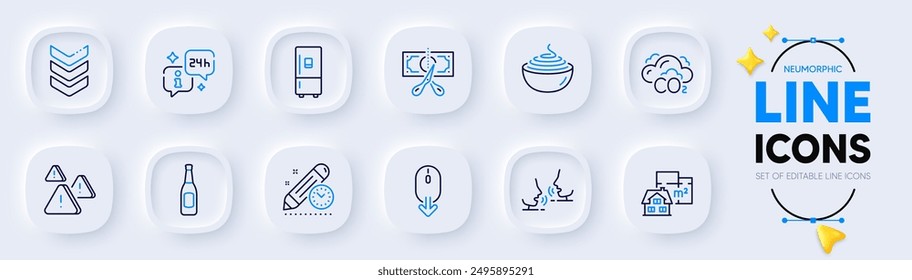 Shoulder strap, Beer and Co2 line icons for web app. Pack of Project deadline, Cut tax, Pasta pictogram icons. Scroll down, Refrigerator, Talk signs. Floor plan, Attention, Info. Army rank. Vector