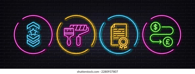 Shoulder strap, Certificate diploma and Paint roller minimal line icons. Neon laser 3d lights. Money transfer icons. For web, application, printing. Star rank, Document file, Painter brush. Vector