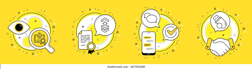 Shoulder strap, Certificate and Messenger line icons set. Licence, cell phone and deal vector icons. Flash memory sign. Star rank, Construction document, Speech bubble. Recovery usb. Vector