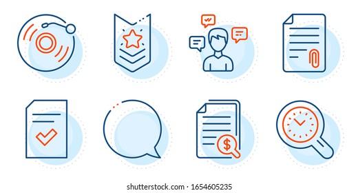 Shoulder strap, Checked file and Vinyl record signs. Conversation messages, Financial documents and Time management line icons set. Speech bubble, Attachment symbols. Outline icons set. Vector