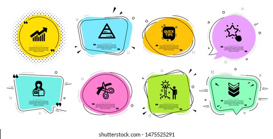 Shoulder strap, Demand curve and Scissors line icons set. Chat bubbles with quotes. Quick tips, Ranking star and Creative idea signs. Pyramid chart, Woman read symbols. Vector