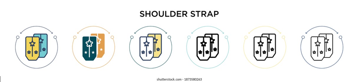 Shoulder strap icon in filled, thin line, outline and stroke style. Vector illustration of two colored and black shoulder strap vector icons designs can be used for mobile, ui, web