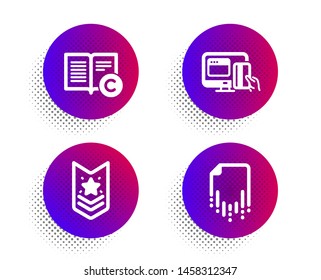 Shoulder strap, Online payment and Copyright icons simple set. Halftone dots button. Recovery file sign. Star rank, Money, Copywriting book. Backup document. Business set. Vector