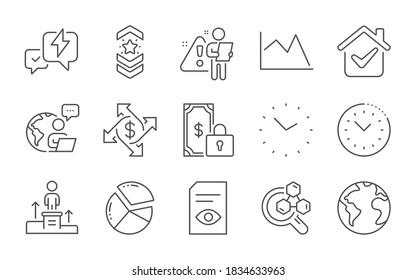 Shoulder strap, Pie chart and Chemistry lab line icons set. Business podium, Time and View document signs. Time management, World planet and Lightning bolt symbols. Line icons set. Vector