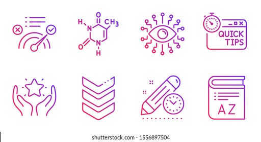 Shoulder strap, Project deadline and Artificial intelligence line icons set. Quick tips, Correct answer and Ranking signs. Chemical formula, Vocabulary symbols. Army rank, Time management. Vector