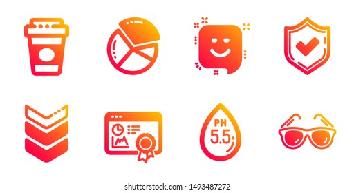 Shoulder strap, Smile and Pie chart line icons set. Confirmed, Seo certificate and Ph neutral signs. Takeaway coffee, Sunglasses symbols. Army rank, Positive feedback. Business set. Vector