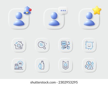 Shoulder strap, Smile and Water bottle line icons. Placeholder with 3d star, reminder bell, chat. Pack of Fuel price, Petrol station, Skin condition icon. Food delivery, Inspect pictogram. Vector