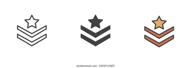 Shoulder strap with star different style icon set. Line, glyph and filled outline colorful version, outline and filled vector sign. Symbol, logo illustration. Vector graphics