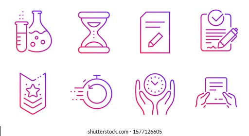 Shoulder strap, Time and Chemistry flask line icons set. Rfp, Edit document and Safe time signs. Fast recovery, Receive file symbols. Star rank, Clock. Education set. Vector