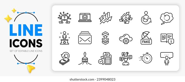 Shoulder strap, Timer and Consumption growth line icons set for app include Recovery data, Mail, Manual outline thin icon. Success, Quiz test, Brush pictogram icon. Bill accounting. Vector