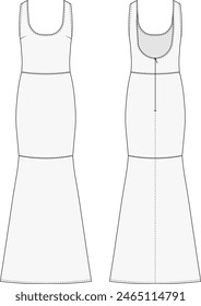 shoulder straps backless long mermaid dress gown template technical drawing flat sketch cad mockup fashion woman design style model