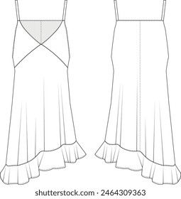 shoulder straps strappy sleeveless ruffled asymmetric hem v neck short dress template technical drawing flat sketch cad mockup fashion woman design style model