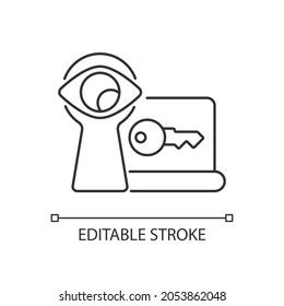 Shoulder surfing attack linear icon. Spying on system security info. Password management. Thin line customizable illustration. Contour symbol. Vector isolated outline drawing. Editable stroke