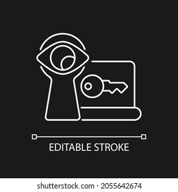 Shoulder surfing attack white linear icon for dark theme. Data breach. Password management. Thin line customizable illustration. Isolated vector contour symbol for night mode. Editable stroke