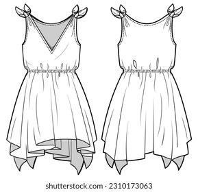 Shoulder Tie V-Neck Short Dress Front and Back View. Fashion Illustration, Vector, CAD, Technical Drawing, Flat Drawing, Template, Mockup.