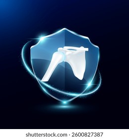 Shoulder in translucent glass shield modern. Surrounded by glowing ring safety guardian. Human anatomy organ on blue background. Medical health care immunity and protection concept. Vector EPS10.