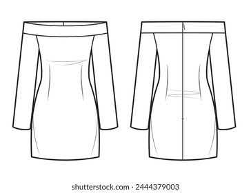 Shoulderless classic dress with long sleeves. Fashion sketch