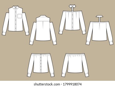 Shoulderless classic shirts set fashion technical sketch.