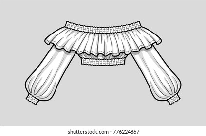 Shoulderless smocked cropped top with ruffle neckline and bishop sleeves. Long smocked sleeves with elastic cuffs. Elastic hem and neckline. Technical flat sketch. Vector illustration.