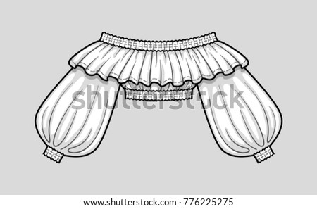 Shoulderless smocked cropped top with ruffle neckline and volume sleeves. Long smocked sleeves with elastic cuffs. Elastic hem and neckline. Technical flat sketch. Vector illustration.