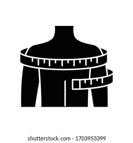 Shoulders Circumference Black Glyph Icon. Clothing Size Measurements, Tailoring Silhouette Symbol On White Space. Man Upper Body Width Specification For Bespoke Suit. Vector Isolated Illustration