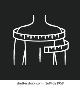 Shoulders circumference chalk white icon on black background. Clothing size measurements, tailoring. Man upper body width specification for bespoke suit. Isolated vector chalkboard illustration