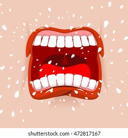 Shout aggressive face. Man Yells. Violent emotion. Open your mouth and tongue. Flying saliva. yell. Shrill scream. Swearing and ribaldry