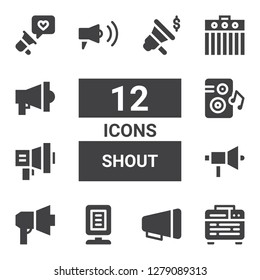 shout icon set. Collection of 12 filled shout icons included Amplifier, Megaphone, Announcer, Loudspeaker