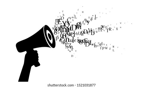 Shout with sound wave from letters. Vector decoration from scattered elements. Monochrome isolated silhouette. Conceptual illustration.