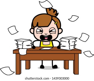 Shouting after See Lots Of Work - Cute Girl Cartoon Character Vector Illustration