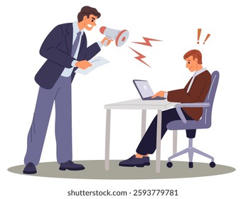 Shouting angry boss and upset employee. Office conflict. Business management. Annoyed businessman. Chief and worker communication. Entrepreneur yelling with megaphone