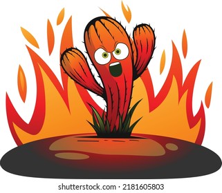shouting angry Cactus man standing alone in desert with fire flames