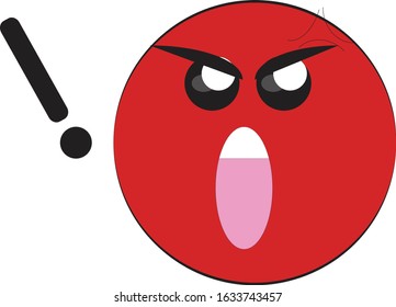 Shouting angry emoticon with exclamation point next to it. A red faced angry emoji, having mouth wide opened, eyes and eyebrows scrunched downward in anger. Expression of irritation, outrage, anger.