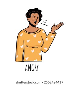 Shouting angry female personage expressing bad emotions by screaming or arguing. Vector flat cartoon character, isolated girl releasing anger or fury. Furious and angry lady with closed eyes