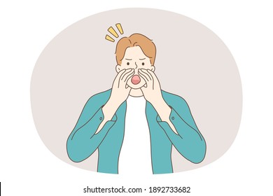 Shouting, announcement, promotion concept. Young angry man cartoon character standing fixing hands near open mouth and shouting screaming information loud marketing advertising 