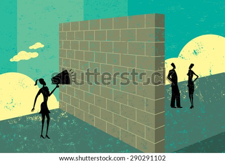 Shouting at a brick wall
A businesswoman shouting at a brick wall which represents a barrier to her ability to reach potential clients.  