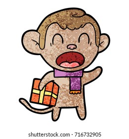grito de mono de caricatura cargando regalo de navidad