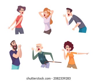 Shouting characters. Angry people agressive expressive dialogue cheer conversation conflict talking persons negative crowd exact vector cartoon illustrations